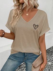 EMERY ROSE New Fashion Casual Women T-Shirt With Heart And Leopard Print Elements, V-Neck - Khaki - View 6