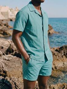 Palasendo Men's Summer Vacation Simple Solid Color Short Sleeve Shirt And Shorts Beach Pants Set - Cadet Blue - View 6