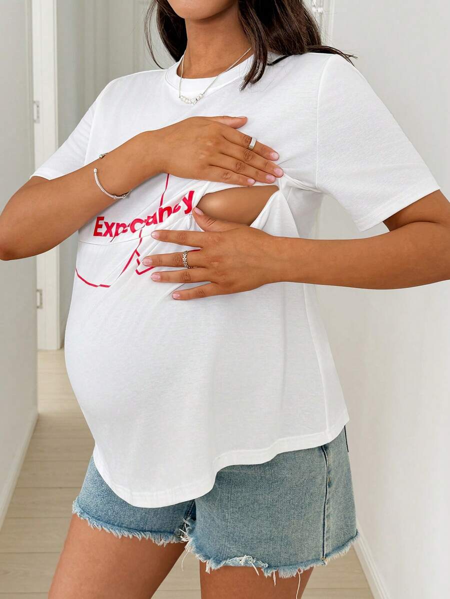SHEIN 孕妇及哺乳期休闲字母爱心印花圆领短袖T恤，夏季 - 白色 - 查看 1