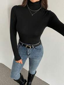 SHEIN Tall Bộ 2 áo cổ cao màu trắng trơn, ôm dáng, thích hợp cho mùa thu và mùa đông. - màu đen - Xem 10