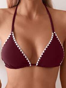Swim Basics 女士花卉饰边挂脖黑色泳衣上装 - 酒紅色 - 查看 3