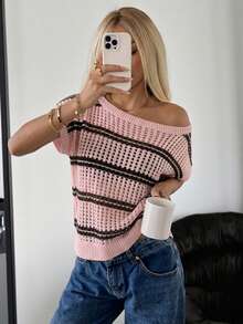 SHEIN EZwear Áo dệt kim tay ngắn trễ vai kẻ sọc khoét lỗ dành cho nữ, kiểu dáng thường ngày. - Hồng - Xem 6