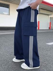 SHEIN 儿童/青少年男童休闲百搭舒适彩色织带字母印花直筒宽松纯色长裤，适合通勤、上学、日常休闲、旅行、运动，春夏秋冬皆宜。 - 藏蓝色 - 查看 4