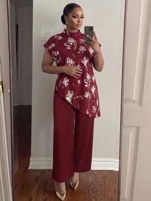 SHEIN Lady CURVE 大码女士优雅印花不对称下摆衬衫，夏季 - 彩色 - 查看 5