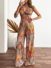 Cloudara Bộ đồ hai mảnh phong cách Boho nhiều màu sắc in họa tiết Paisley dành cho nữ – Áo croptop không tay và quần ống rộng cạp cao, bộ đồ nhẹ nhàng mùa hè đi biển, trang phục lễ hội, bộ đồ đi nghỉ mát rực rỡ. - Nhiều màu - Xem 4