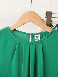 SHEIN Bộ đồ đi nghỉ mát 2 món cho bé gái tuổi teen: áo không tay cổ tròn dáng rộng màu xanh lá cây in hoa và quần ống rộng. - màu xanh lá - Xem 4