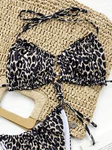 SHEIN Swim Women's Sexy Halter Leopard Print Bikini Top, Ruffle Trim, Random Print For Summer Beach Vacation - Multicolor - View 5