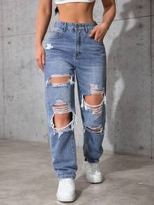 SHEIN ICON Plus Size Women's Summer Cow Girl Distressed Denim Jeans - Blue - View 5