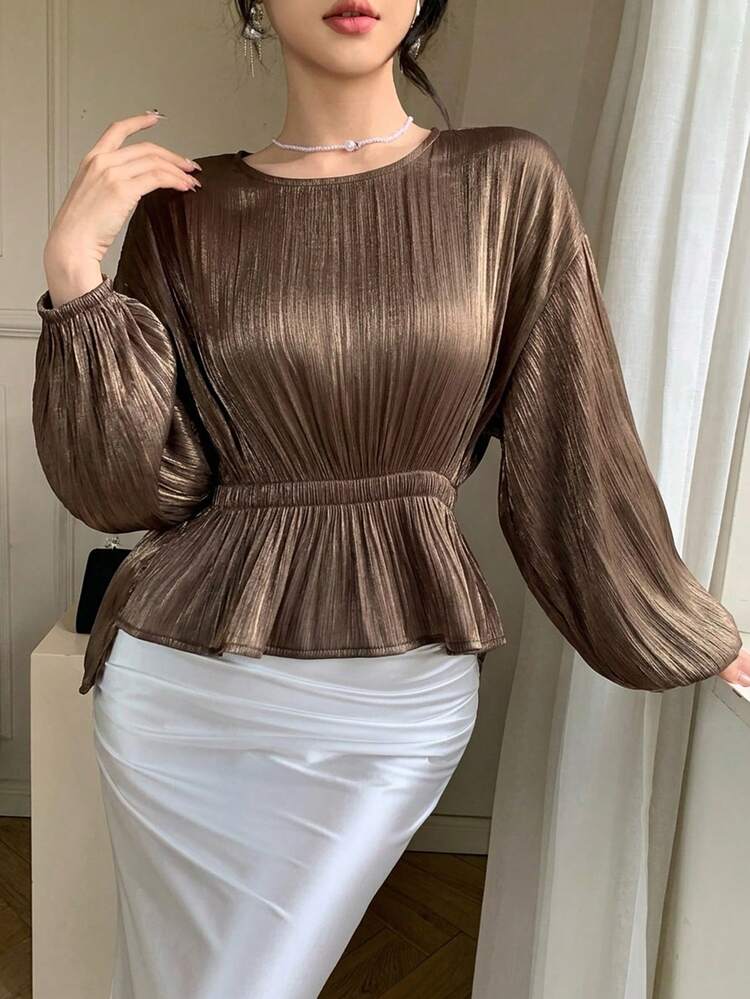 Brown Chiffon Blouse With Asymmetric Hem, Casual Elegant Ruffle Collar Long Sleeve Shirt For Spring Summer, Suitable For Dates, Weddings, Vacations