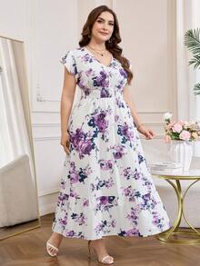 Reflora Đầm dự tiệc cổ chữ V in hoa dành cho nữ cỡ lớn - Màu tím - Xem 4