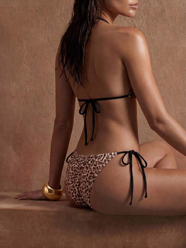 Women's Sexy Leopard Print Halter Bikini Set, Summer Vacation
