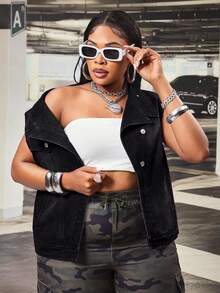 Slaydiva Áo khoác gile denim cài nút bất đối xứng dành cho nữ cỡ lớn, phong cách Hip Hop. - màu đen - Xem 3
