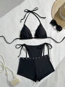 Oceva Women's Rivet Halter Tie Sexy Bikini Swimwear With Swim Shorts 3-Piece Set - Black - View 2