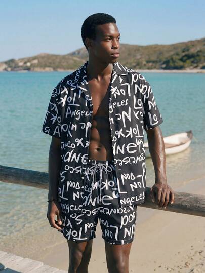 Palasendo Men's Fashion Loose Black And White Printed Short Sleeve Shirt And Shorts Beach Set,Hawaiian