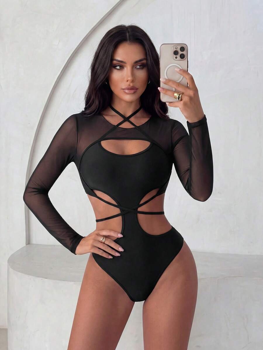 SHEIN Swim SXY Summer Beach Women's Halter-Neck Hollow Out High Waist One-Piece Swimsuit - Black - View 1