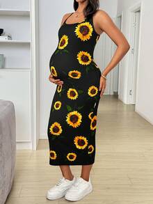 SHEIN Đầm bầu dáng ôm in họa tiết hoa hướng dương - màu đen - Xem 1
