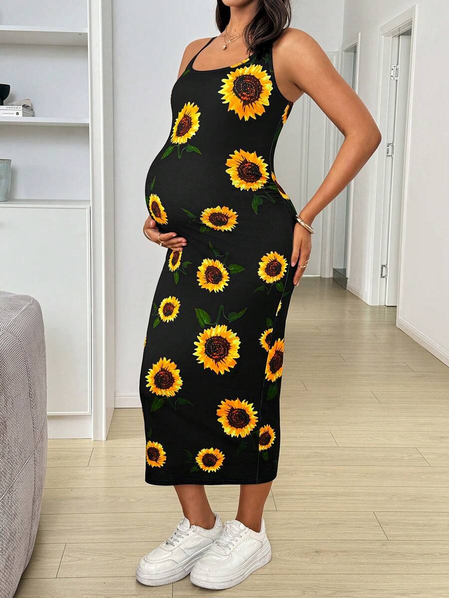 SHEIN Đầm bầu dáng ôm in họa tiết hoa hướng dương - màu đen - Xem 1
