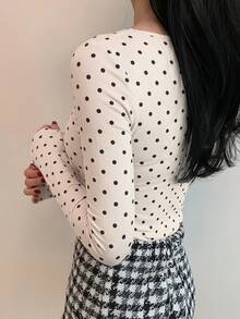 DAZY 女士波点印花圆领修身打底T恤 - 米色 - 查看 5