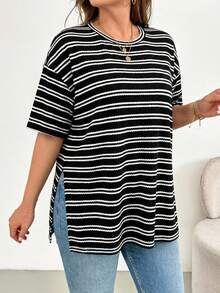 SHEIN Essnce Áo thun nữ cỡ lớn kẻ sọc cổ tròn, kiểu dáng thường ngày, đa năng. - màu đen - Xem 3