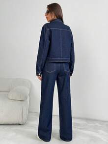 Dam Denim Långärmad Topp Och Byxor Tvådelad Outfit - Marinblå - Visa 2
