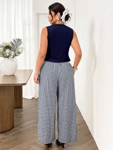 Lounesse Bộ đồ nữ cỡ lớn thời trang gồm quần ống rộng kẻ caro xanh dương và áo thun dệt kim màu xanh navy, kiểu dáng thanh lịch cho kỳ nghỉ, đi làm và mặc hàng ngày. - Màu xanh hải quân - Xem 2