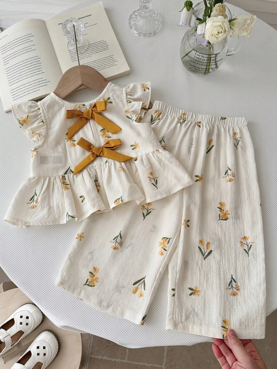 Cozy Pixies 女嬰米色夏季休閒雞尾酒兩件套,可愛短袖碎花套裝,姐妹款度假日常拍照露營套裝 - 白色 - 查看 1