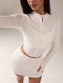 SHEIN BAE 女士纯色长袖拉链运动夹克 - 白色 - 查看 1