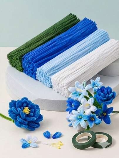 MINKOJA MINKOJA 422pcs Blue Tone Floral Stem Cleaner Set, 4 Color Mixed Floral Stem Cleaners, Suitable For Handmade Bouquet, Party Decoration And Gift Packaging, Soft Stems For DIY Floral Craft Kits, Including Floral Tape And Stamen (Blue Series)