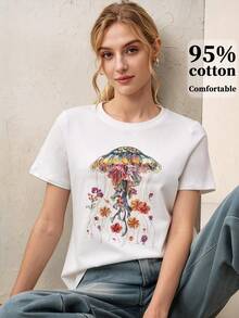 Áo thun nữ tay ngắn cổ tròn họa tiết hoa, kiểu dáng thường ngày, thích hợp cho mùa hè. - trắng - Xem 3