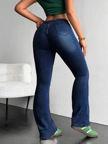 SHEIN EZwear 女士时尚百搭褶裥喇叭牛仔裤 - 深色水洗藍 - 查看 3