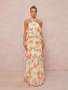 Lumalex Summer Floral Print Strapless Spaghetti Strap Multi-Layer Irregular Exaggerated Ruffle Hem Beach-To-Gala Versatility: Quiet Luxury Meets Party Flair - Multicolor - View 7