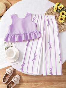 SHEIN Elladie kids Young Girl Solid Color Ruffle Back Tank Top And Striped Pants Casual 2-Piece Set - Purple - View 2