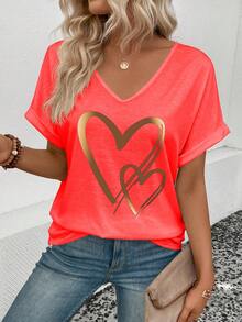 EMERY ROSE Women's Casual Retro Neon Red V-Neck Cuffed Sleeve T-Shirt With Heart Print - Red - View 3