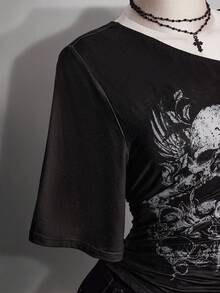SHEIN ICON Plus Size Asymmetric Neckline Ruched Skull Print Short Sleeve T-Shirt - Multicolor - View 10