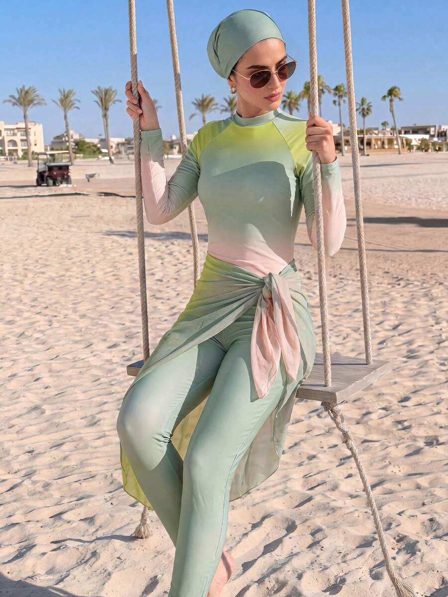 Veilorie 女士百年纪念彩色长袖连体裤配打结裙摆布基尼套装 - 彩色 - 查看 1