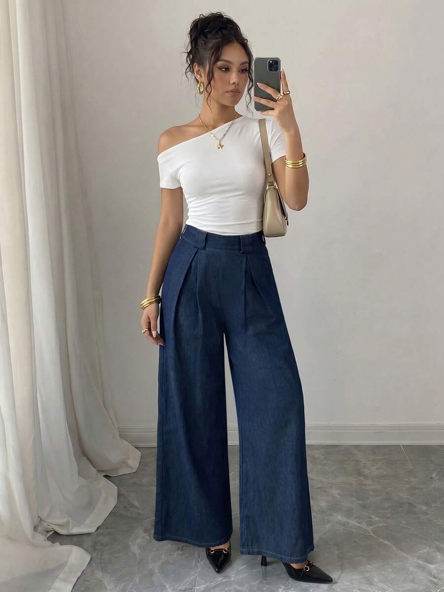Selianne Summer Casual Sexy Vintage Chic Elegant High Waist Wide Leg Pleated Pastal Flare Going Out Swimming Everyday Women's Denim Jeans Daily Wear - Blue - View 1