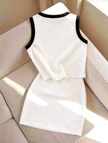女士两件套，春夏新款时尚，无袖条纹背心搭配迷你紧身裙，优雅时尚，适合日常通勤、居家和外出穿着。 - 黑與白 - 查看 2