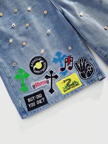 ROMWE MEN Quần short denim nam họa tiết thêu kim cương lấp lánh - Màu xanh lam - Xem 2