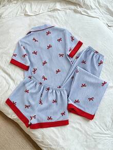 Napfluff 3 piezas Conjunto de pijama de mujer con estampado romántico de lazos rojos y rayas - Burdeos - Ver 2