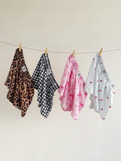 SweetSlumber Set de pijamale confortabil, lejer, din 4 piese, pentru femei, cu fundă drăguță, imprimeu leopard, carouri, inimă și dungi