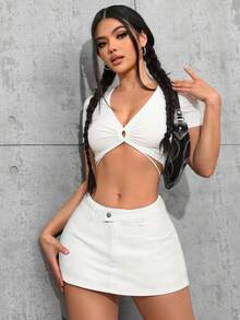 SHEIN Tall 女士休闲日常通勤简约纯色牛仔裙裤 - 米色 - 查看 5