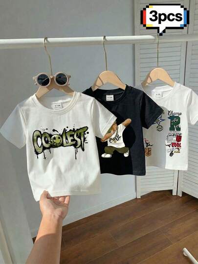 新生儿男宝宝男女通用婴儿幼儿6个月-3岁3件套，经典英文字母彩色针织柔软圆领短袖T恤，休闲套装，适合夏季、运动、日常穿着，简约风格