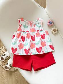 SHEIN Playful Pals 女童两件套夏季圆领无袖上衣搭配红色短裤。清新红白撞色，梭织面料，宽松版型。风格甜美、优雅、田园风，通体印有樱桃图案，活泼可爱。适合日常外出、上下学、参加派对、生日聚会、度假旅行等场合。 - 紅色 - 查看 2