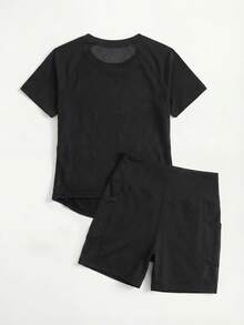 Cheerettes Bộ đồ nữ màu trơn cổ tròn tay ngắn và quần short, kiểu dáng thường ngày năng động, thích hợp cho hoạt động ngoài trời. - màu đen - Xem 2