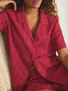 Ocili Natural Soft & Skin-Friendly Cotton Jacquard Lapel Short Sleeve & Shorts Pajama Set For Women - Burgundy - View 6