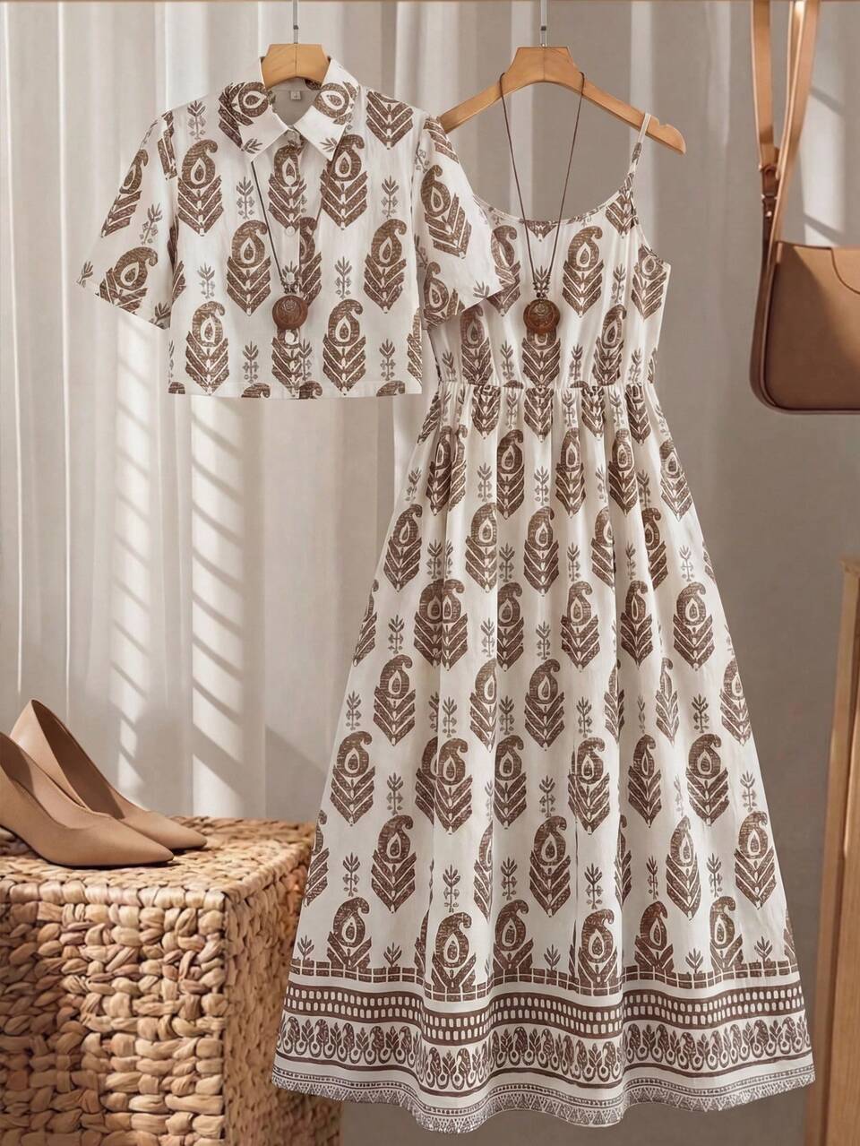Women's Summer Shirt Dress 2 Pieces Set Outfits Mother's Day Casual Boho Vacation Festival Holiday Beige