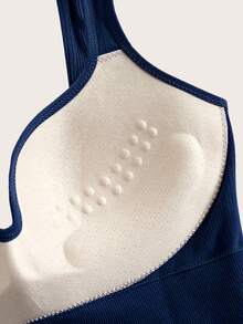 SHEIN Sports Plus Size Women's Navy Blue Sports Bra,Athletic Summer Pilates Curvy Gym Top,Curve Ribbed Tank Top,Built In Bra Fitted Crop Top,Solid Color Gym Tops - Navy Blue - View 4