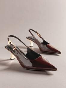 SHEIN Haute 女士亮面Pat咖啡色尖头金属镀层猫跟标志性搭扣露跟高跟鞋——设计师灵感，时尚舒适 - 咖啡棕 - 查看 8