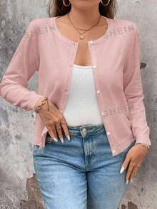 Plus Size Casual Versatile Solid Color Cardigan - Pink - View 4