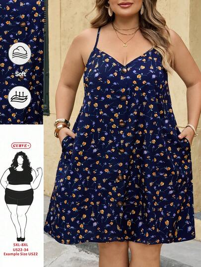 SHEIN CURVE+ Plus Size Women's Casual Sleeveless Dress, Suitable For Minimalist Fashion In Summer, Beach Dress, Sun Skirt, Bohemian Style Holiday Clothing